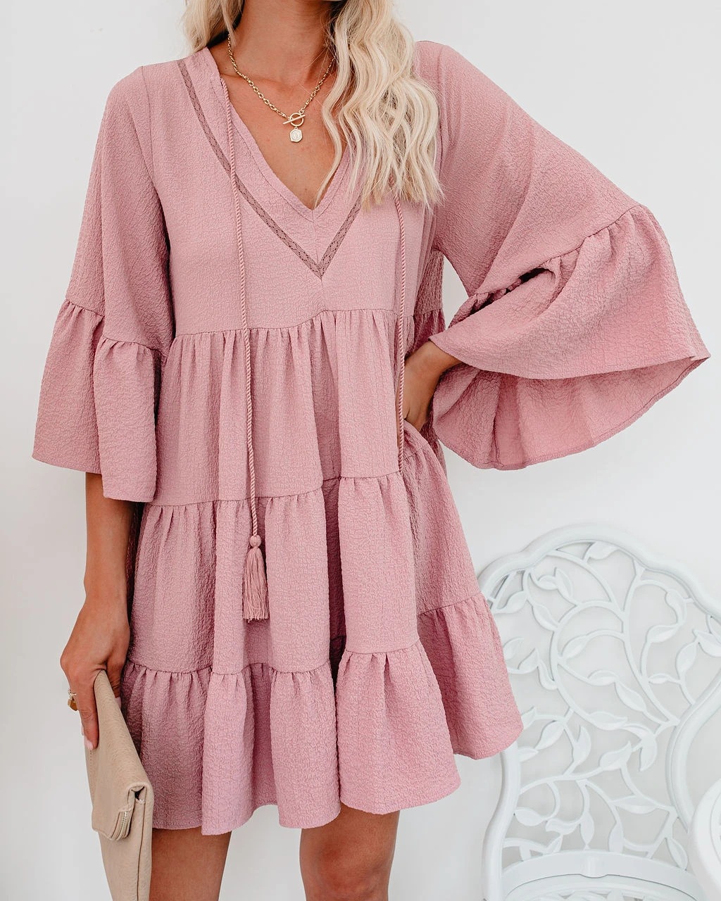 Title 8, V-neck Lace-up Fringe Lace-up Ruffled Dress