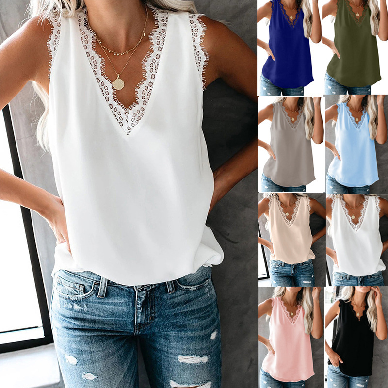 Title 2, V-neck Lashes Lace Sleeveless Loose Tank Top T-...