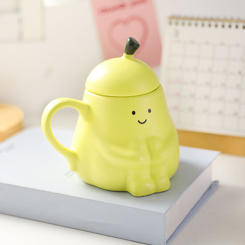 Title 3, Cute Pear Ceramic Water Cup Cartoon With Lid