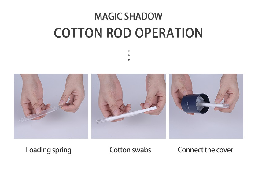 USB humidifier cotton swab wick installed in tube, replacement wick detail for steady mist output at home