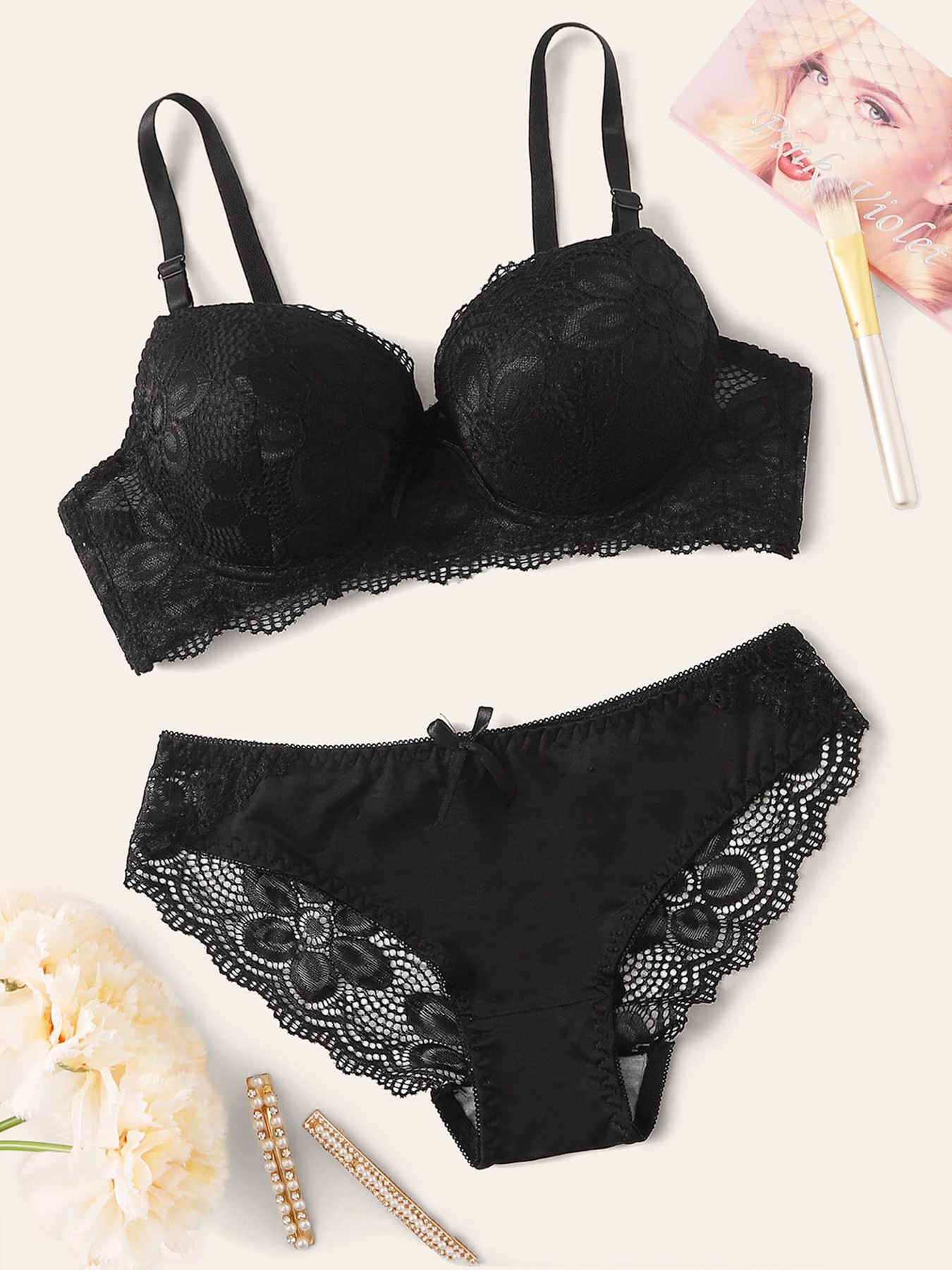 Title 5, Lace Lingerie Panties Set Push Up Bra Briefs Wi...