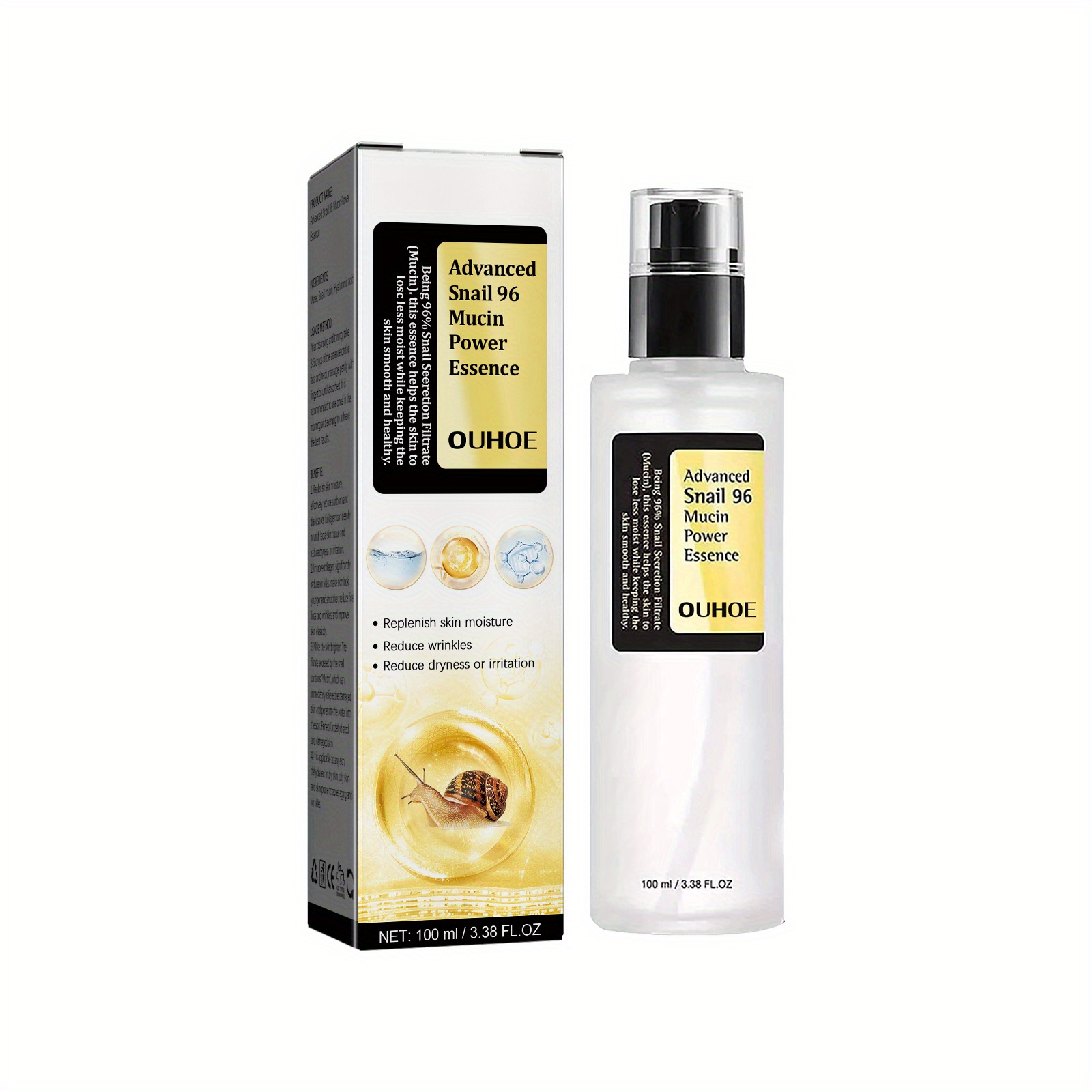 Snail Mucin Hydrating Serum for Face, 100ml. The Real Snail Essence: Formulated with 96.3% Snail Secretion Filtrate, this essence repairs and rejuvenates the skin from dryness and aging. It improves skin vitality by reducing dullness and soothing dehydrat