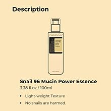 Snail Mucin Hydrating Serum for Face, 100ml. The Real Snail Essence: Formulated with 96.3% Snail Secretion Filtrate, this essence repairs and rejuvenates the skin from dryness and aging. It improves skin vitality by reducing dullness and soothing dehydrat