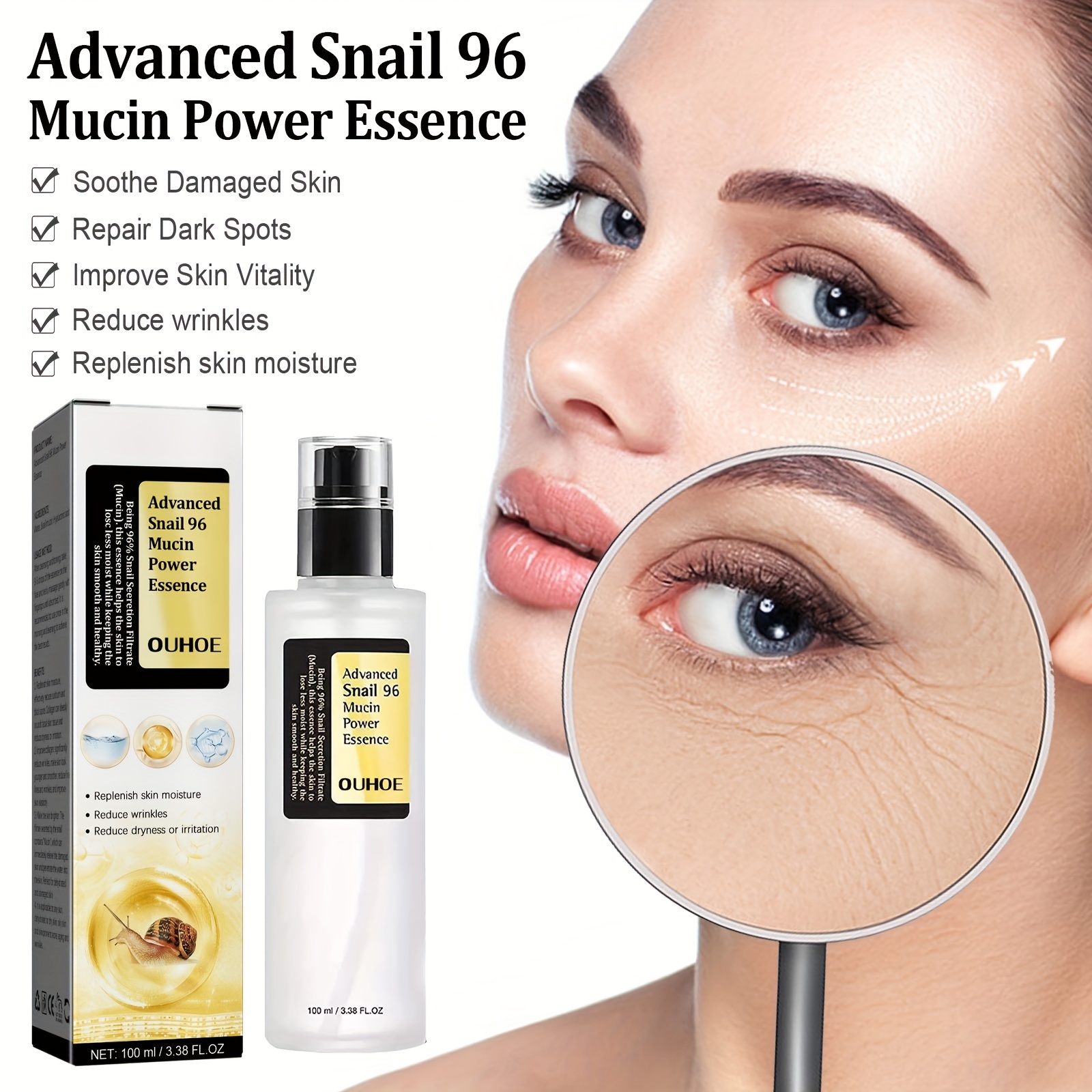 Snail Mucin Hydrating Serum for Face, 100ml. The Real Snail Essence: Formulated with 96.3% Snail Secretion Filtrate, this essence repairs and rejuvenates the skin from dryness and aging. It improves skin vitality by reducing dullness and soothing dehydrat