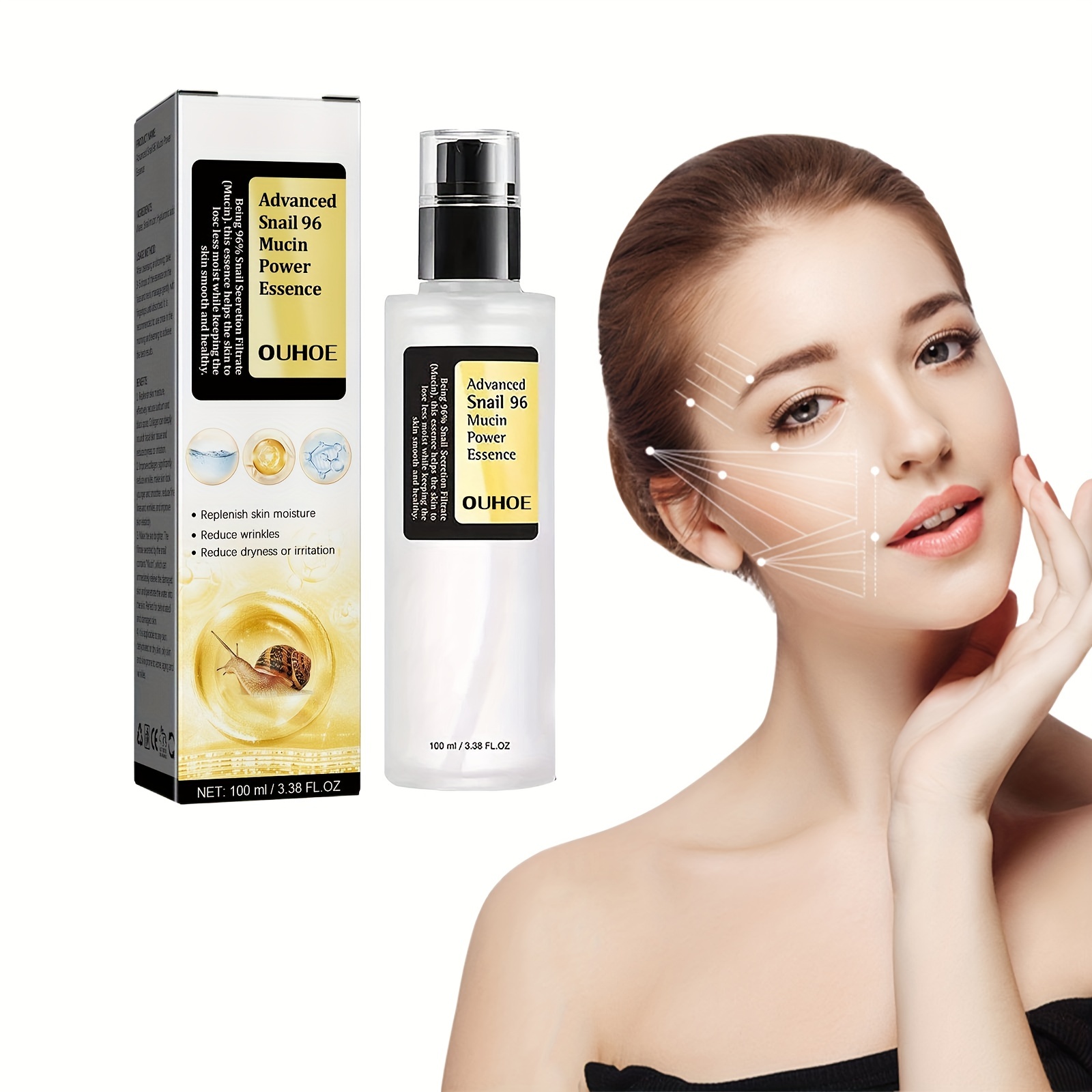 Snail Mucin Hydrating Serum for Face, 100ml. The Real Snail Essence: Formulated with 96.3% Snail Secretion Filtrate, this essence repairs and rejuvenates the skin from dryness and aging. It improves skin vitality by reducing dullness and soothing dehydrat