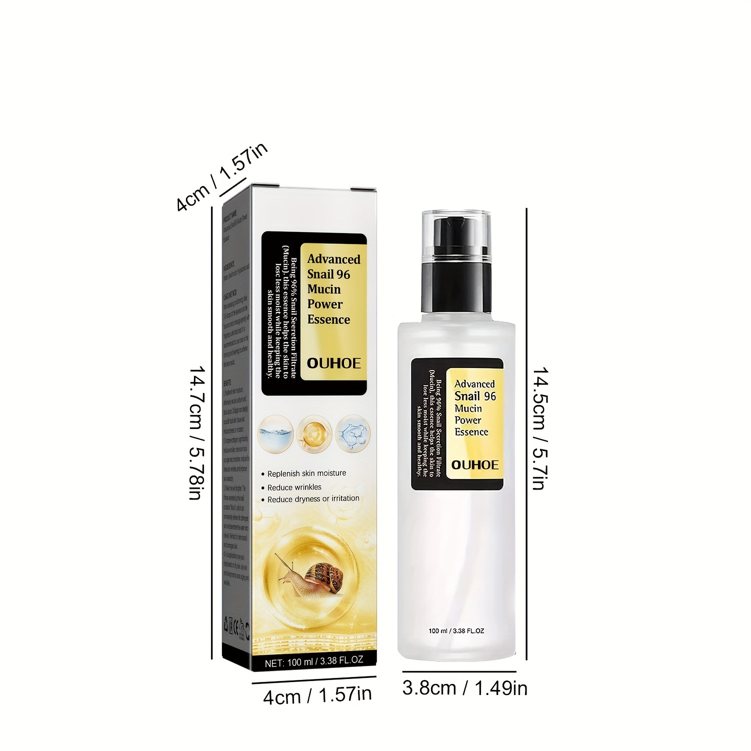 Snail Mucin Hydrating Serum for Face, 100ml. The Real Snail Essence: Formulated with 96.3% Snail Secretion Filtrate, this essence repairs and rejuvenates the skin from dryness and aging. It improves skin vitality by reducing dullness and soothing dehydrat