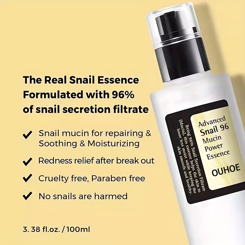 Snail Mucin Hydrating Serum for Face, 100ml. The Real Snail Essence: Formulated with 96.3% Snail Secretion Filtrate, this essence repairs and rejuvenates the skin from dryness and aging. It improves skin vitality by reducing dullness and soothing dehydrat