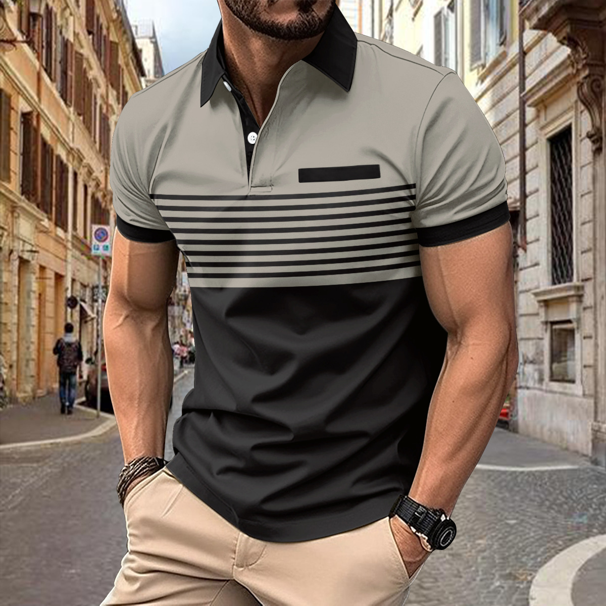 Title 2, Camisa listrada casual masculina com bolso no p...