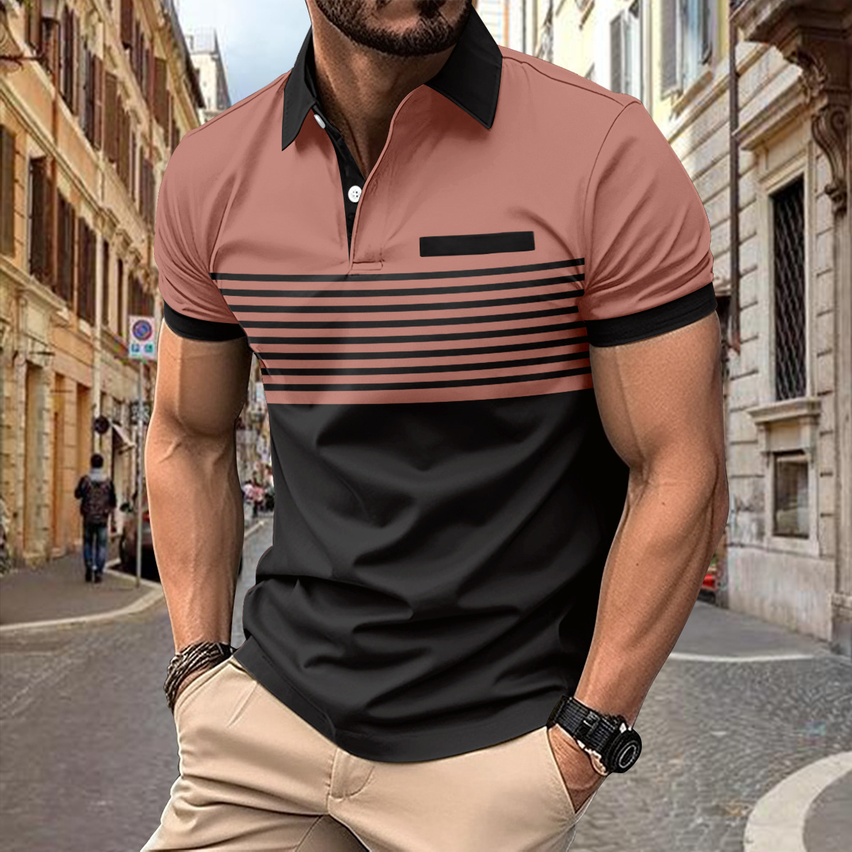 Title 6, Camisa listrada casual masculina com bolso no p...