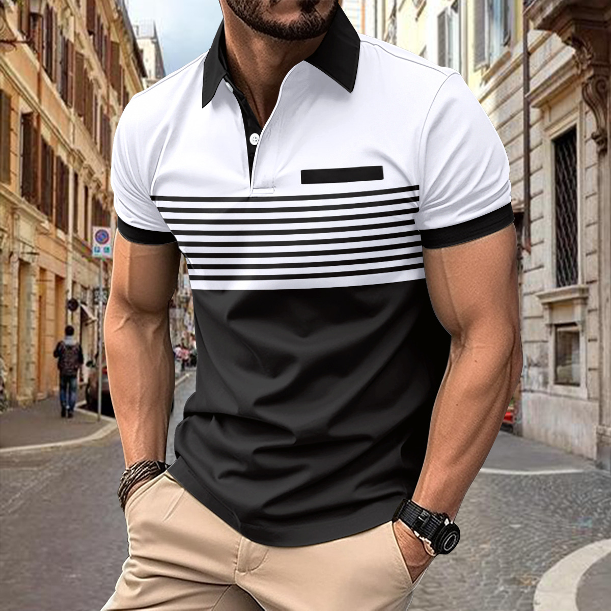 Title 13, Camisa listrada casual masculina com bolso no p...