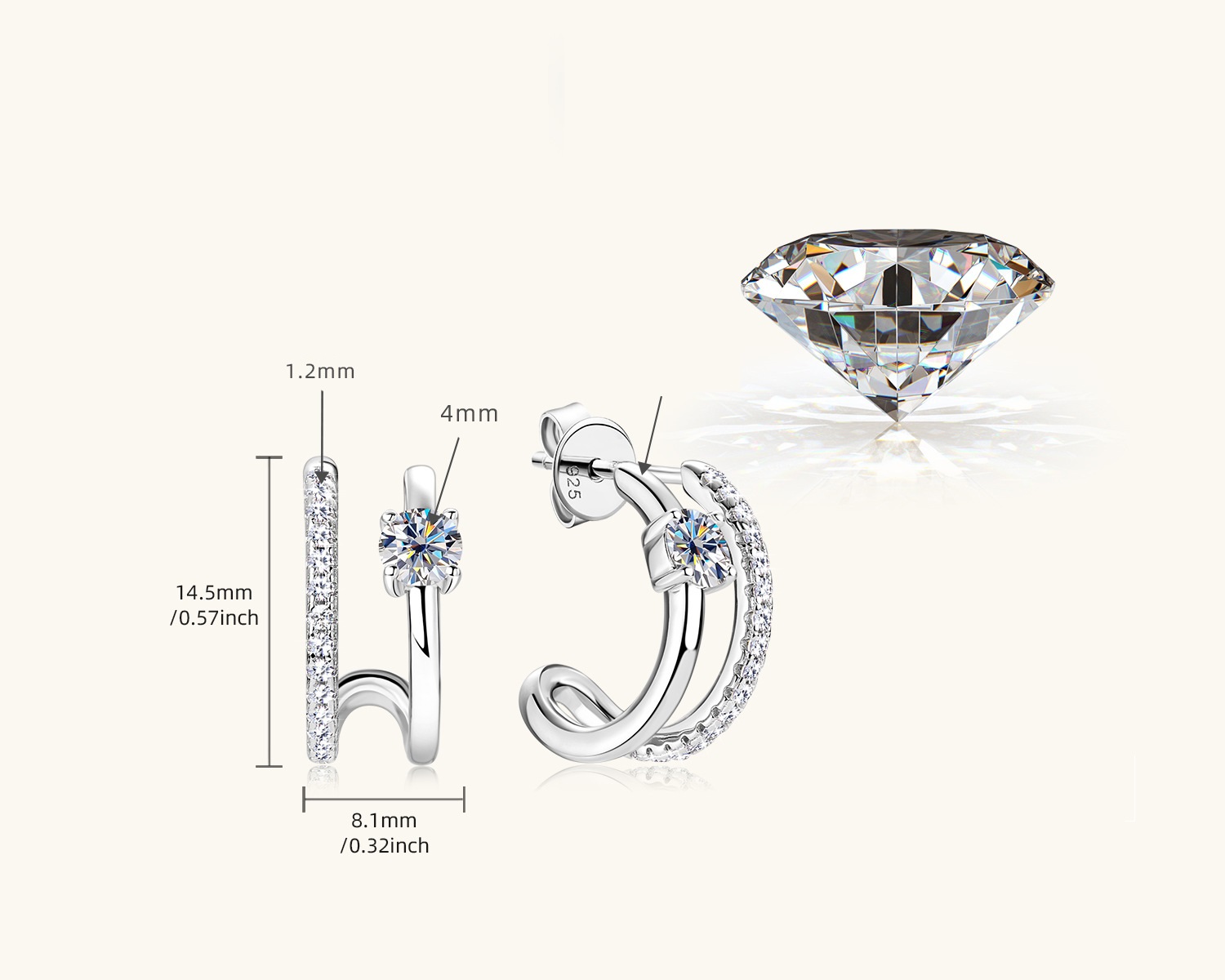 Title 5, New S925 Sterling Silver Diamond Ear Stud Earri...