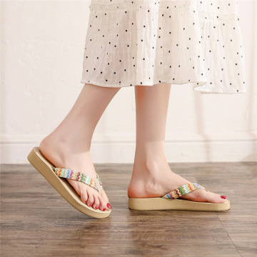 Women's PP Grass Imitation Woven Flip Flops Fashion Outerwear Wedge Beach Flip-flops Sandals
