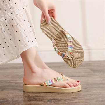 Women's PP Grass Imitation Woven Flip Flops Fashion Outerwear Wedge Beach Flip-flops Sandals