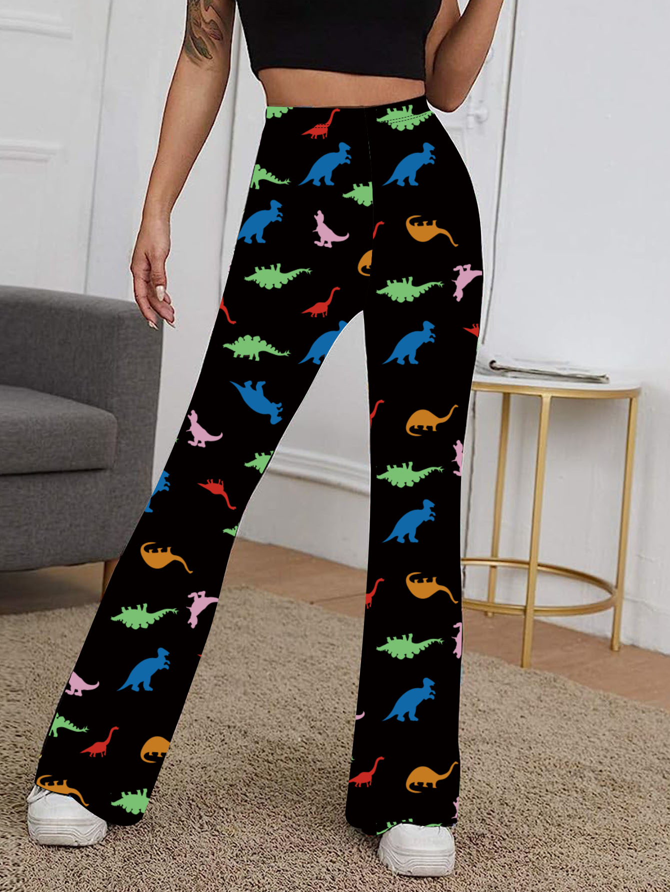 Title 2, Womens Long Bell-bottom Pants with Dinosaur Pr...