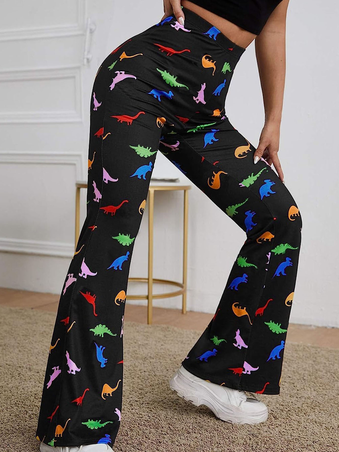 Title 5, Womens Long Bell-bottom Pants with Dinosaur Pr...