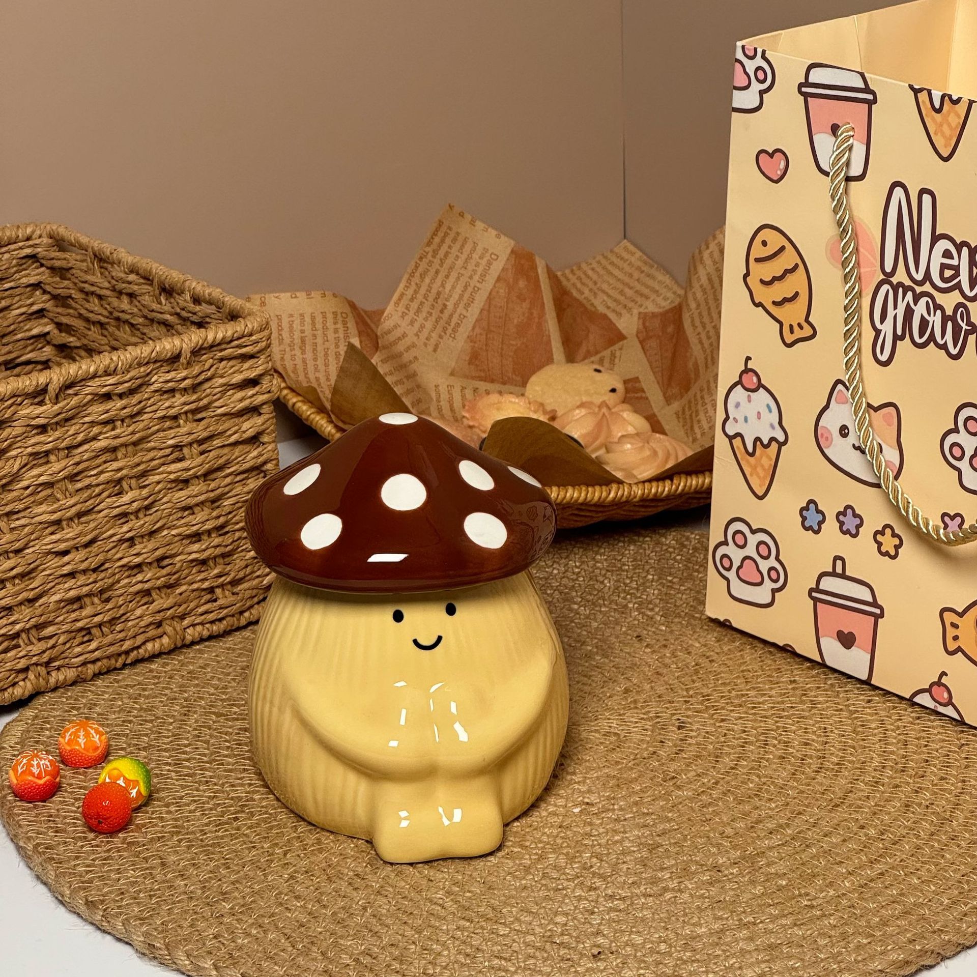 Title 10, Cute Hug Mushroom Ceramic Water Cup With Lid