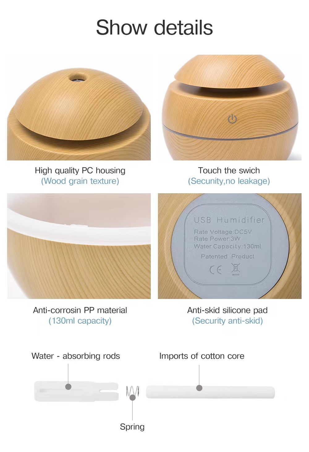 Title 9, USB Wood Grain Mushroom Humidifier Household Mi...