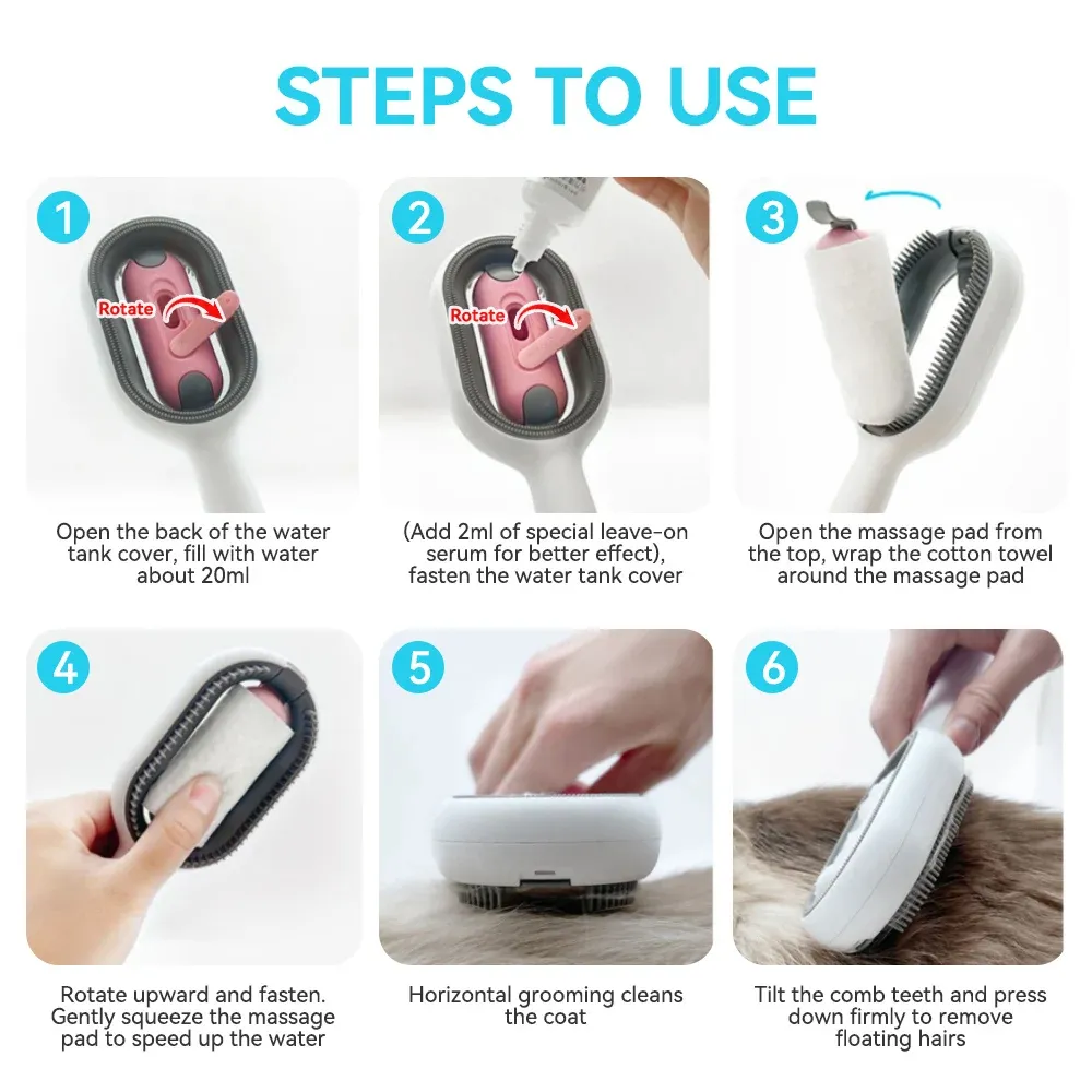Cat Hair Brush With Water, Sticky Brush For Cats, 4 In-1 Cat Grooming Brush Creative Update Cat Dog Grooming Comb With Water Tank Double-Sided Hair Removal Brush Kitten Pet Supplies Accessories – image 8