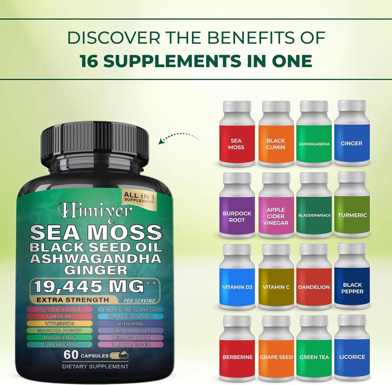 Herbal Immune Support Supplement With Sea Moss. Introducing our revolutionary MagicMoss Formula, a comprehensive combination of Sea Moss Pills, Black Seed Oil Pills, Ashwagandha, Bladderwrack, and Burdock Root Capsules, enriched with over 12 potent ingred