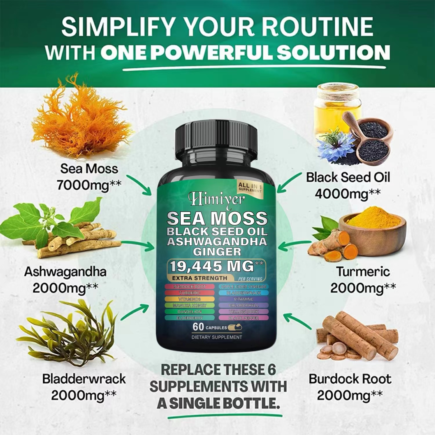 Herbal Immune Support Supplement With Sea Moss. Introducing our revolutionary MagicMoss Formula, a comprehensive combination of Sea Moss Pills, Black Seed Oil Pills, Ashwagandha, Bladderwrack, and Burdock Root Capsules, enriched with over 12 potent ingred