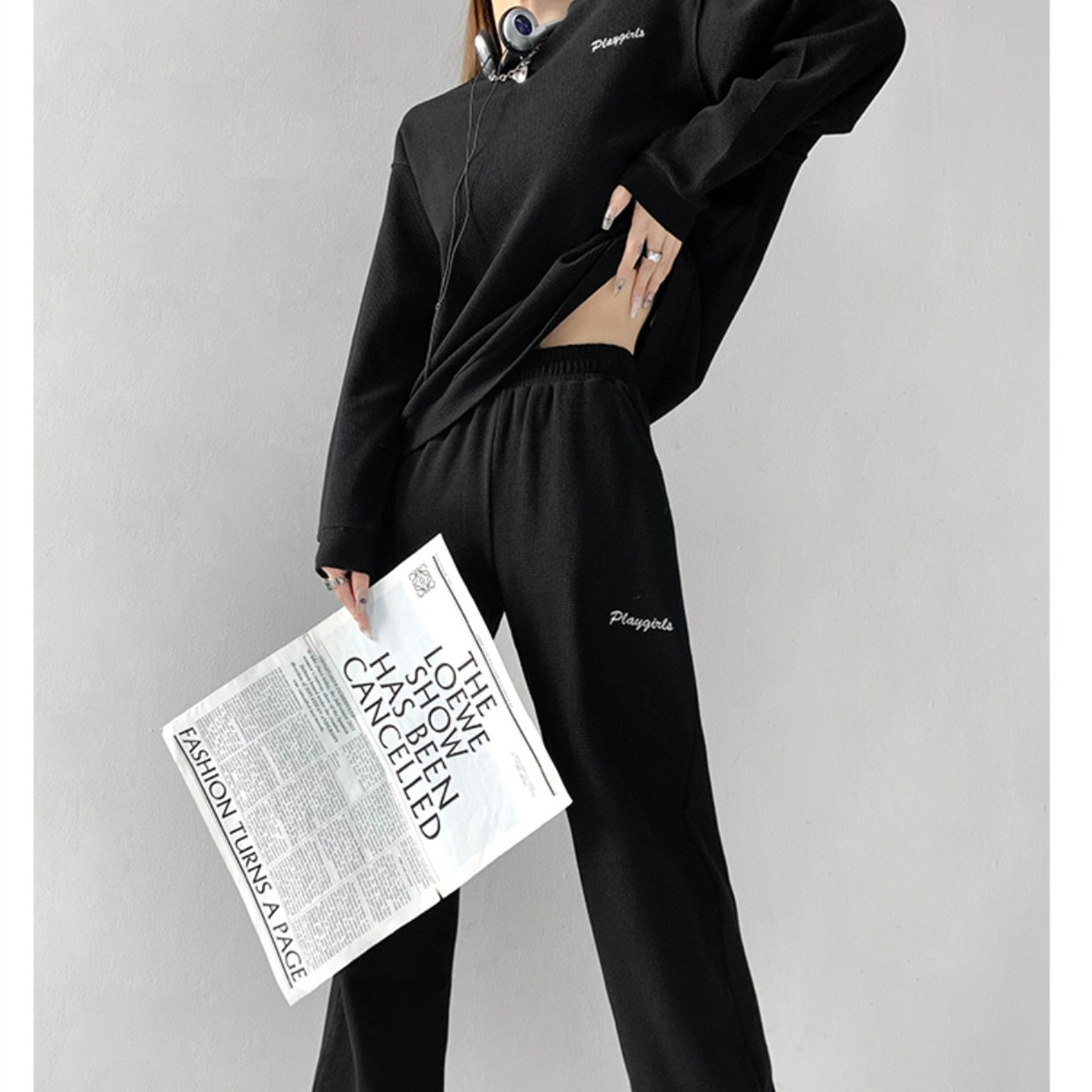 Waffle Casual Long Sleeve Crew Neck Sweater Slimming Track Pants Sports Suit