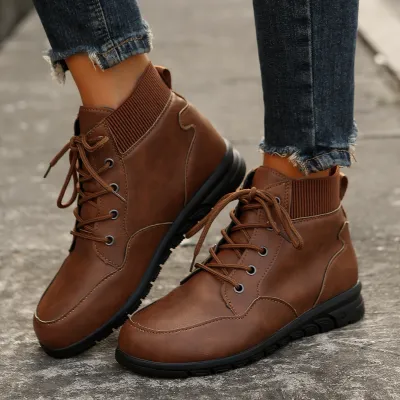 Round Toe Lace-up Ankle Boots Fall Winter Fashion Versatile Non-slip Flat Shoes Retro Western Cowboy Ankle Boot For Women