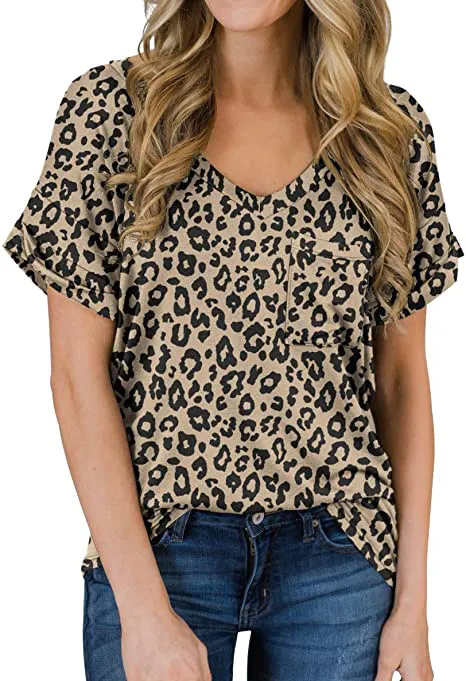 Women's V Neck Pocket Tee Roll Leopard Print Khaki - Shop at LoveMi