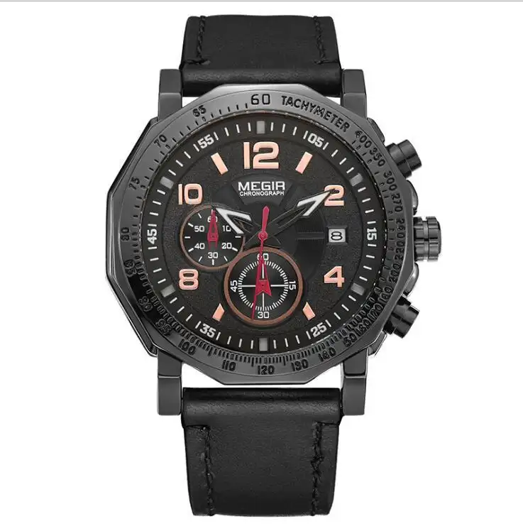 Leather Men's Quartz Watch Multi-function Chronograph Waterproof Sports Watch