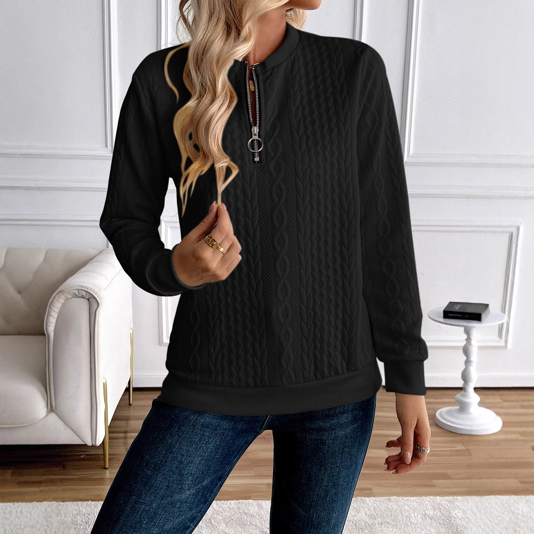 Women's Loose Casual Pullover Half Zipper Long Sleeve Solid Color Texture Round Neck Hoodie For Women