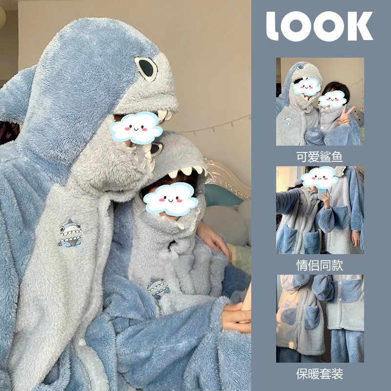 Title 6, Pijama de casal Shark Coral Fleece que as mulhe...