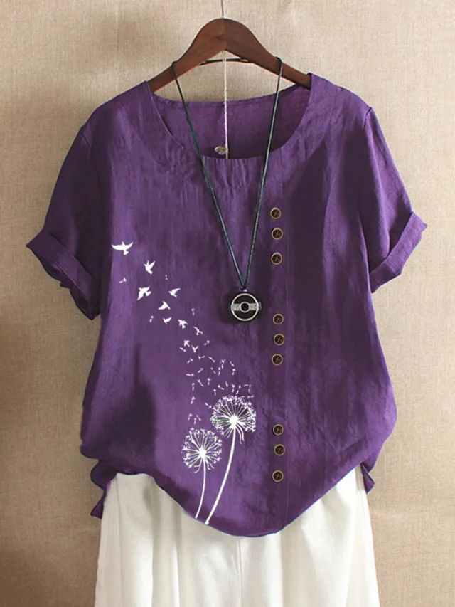 Retro Plus Size Casual Loose Cotton And Linen Short sleeved Pullover T shirt Purple - Shop at LoveMi