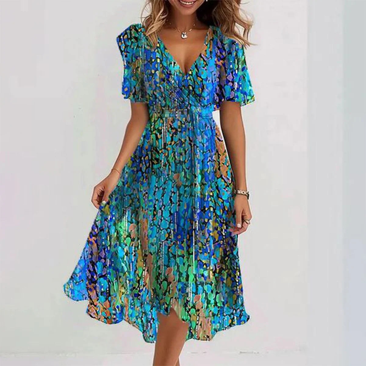 Chiffon Printed Short Sleeve Dress Summer