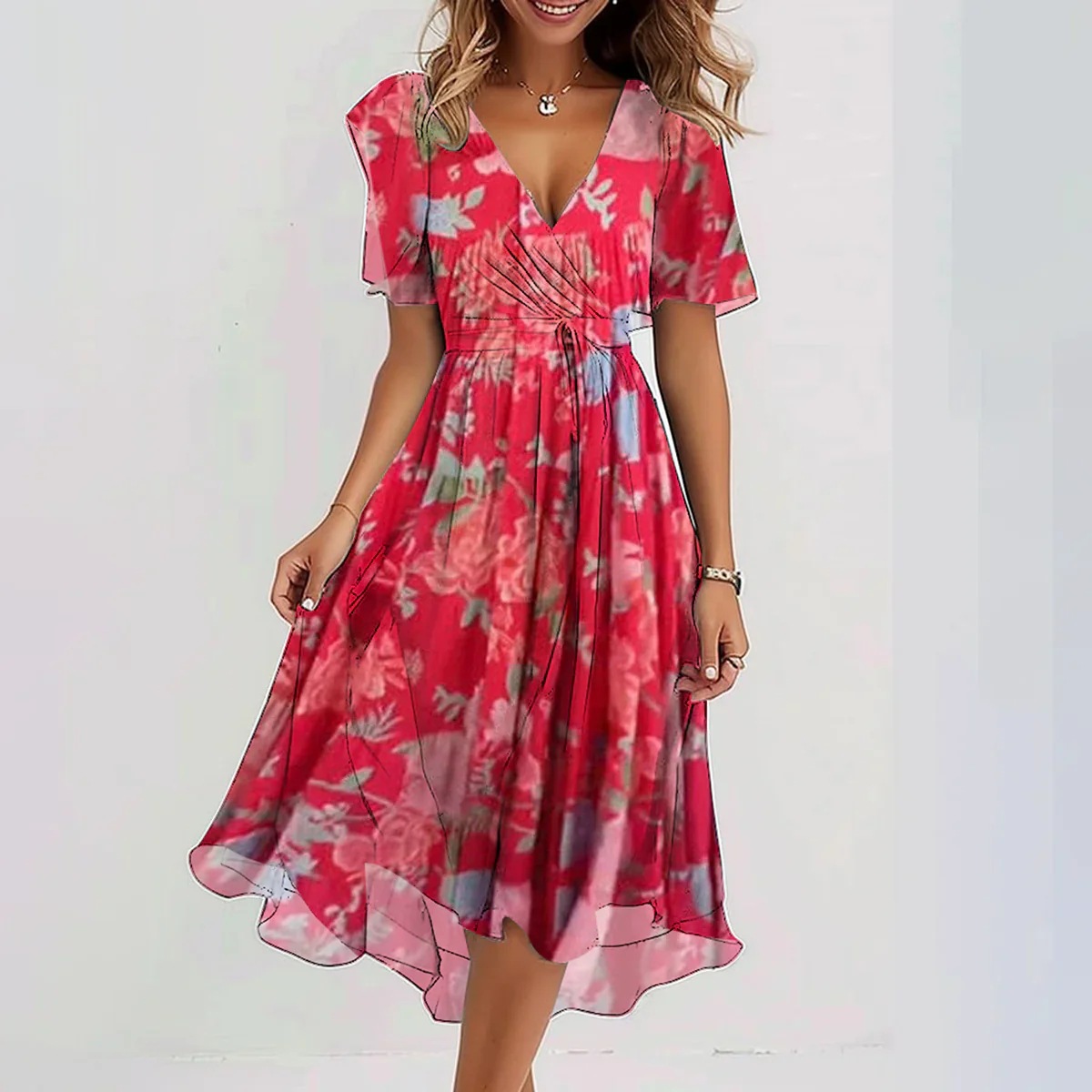 Chiffon Printed Short Sleeve Dress Summer