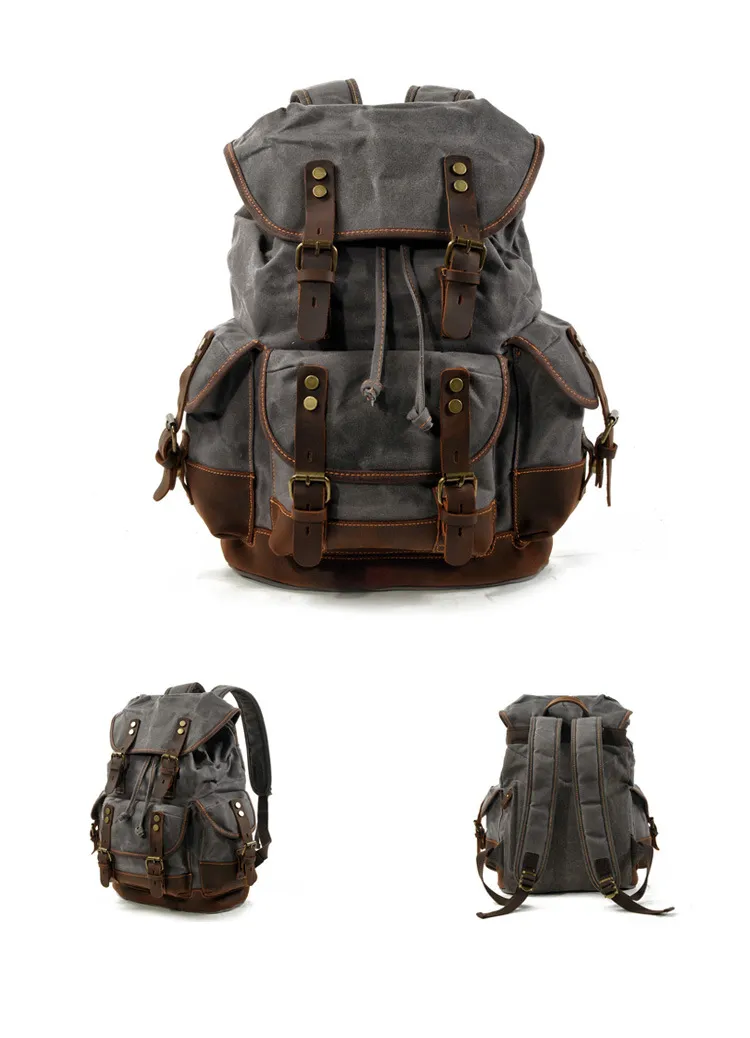 P9508-1 Wax Canvas Waterproof Bags Backpack Laptop