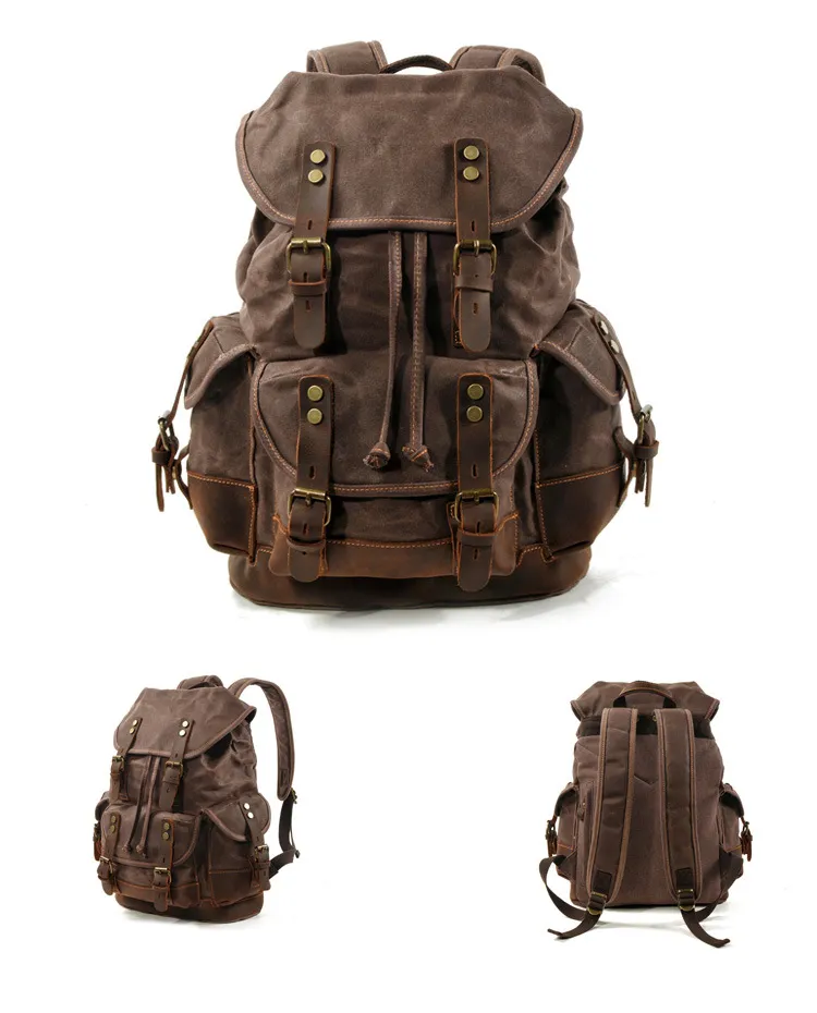 P9508-1 Wax Canvas Waterproof Bags Backpack Laptop