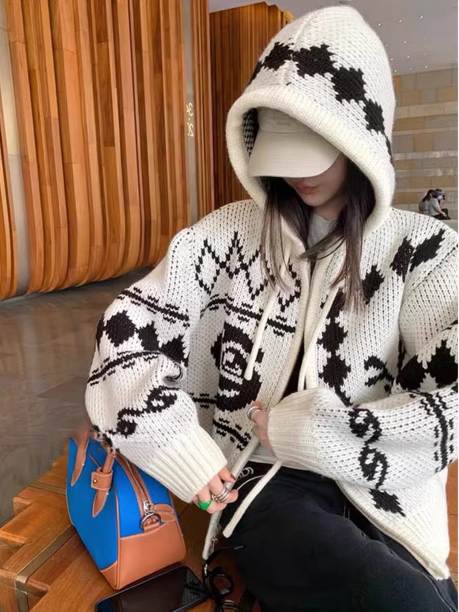 Title 10, Vintage Jacquard Contrast Color Hooded Sweater