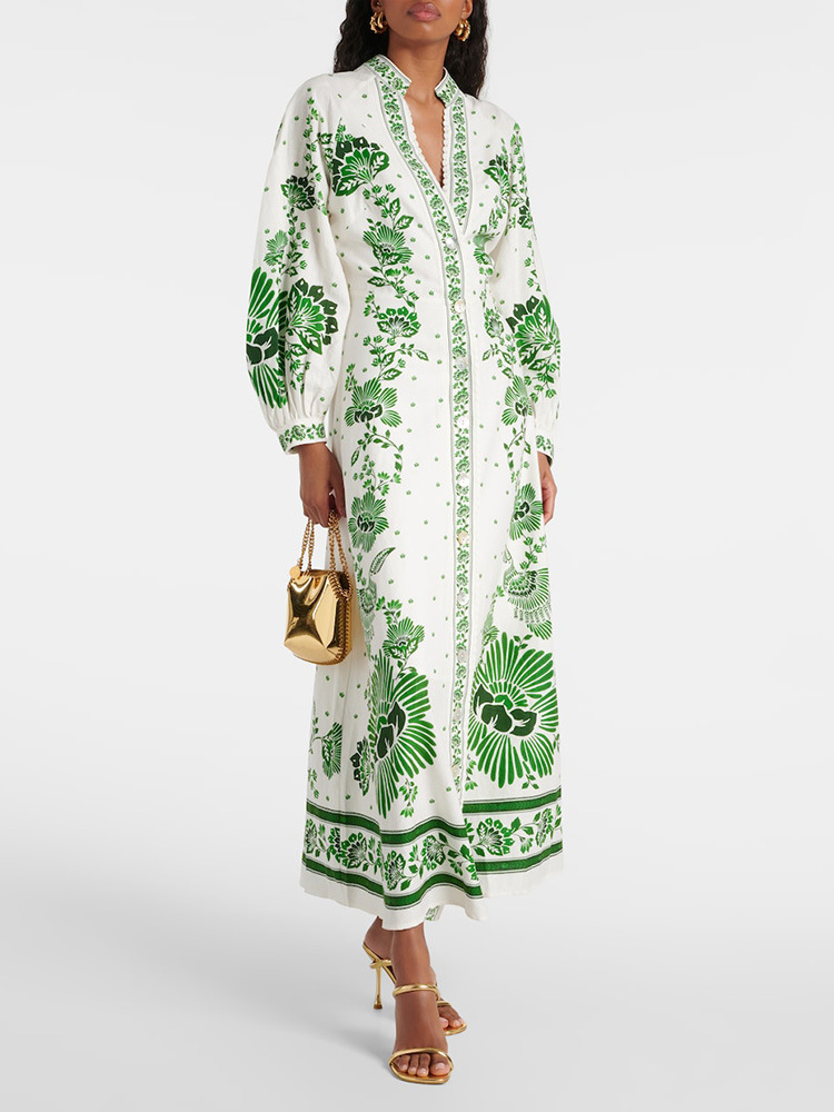 Title 15, Printed Long Lantern Sleeve V-neck Dress