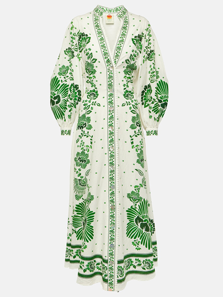 Title 19, Printed Long Lantern Sleeve V-neck Dress