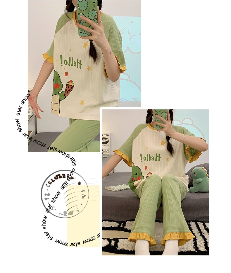 Kawaii Dinosaur Pjs Set | Green Beige