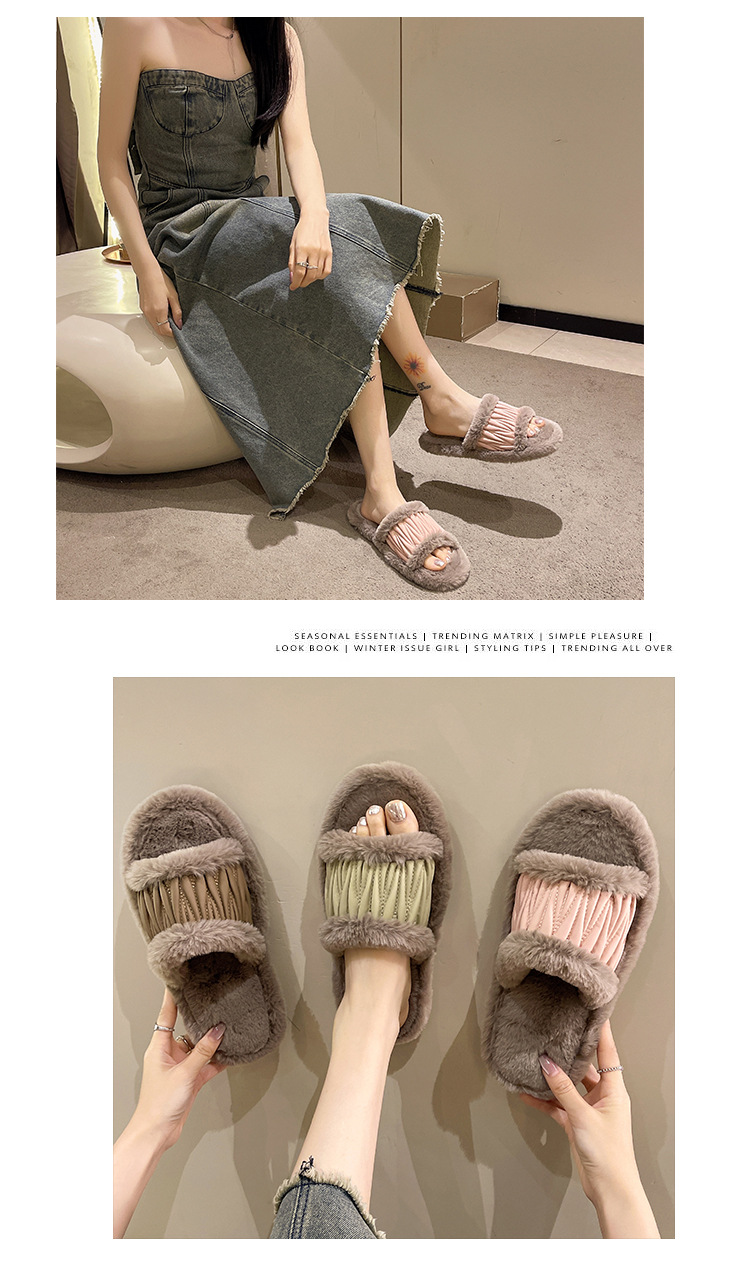 Title 1, PU leren open slippers voor dames met pluche ka...