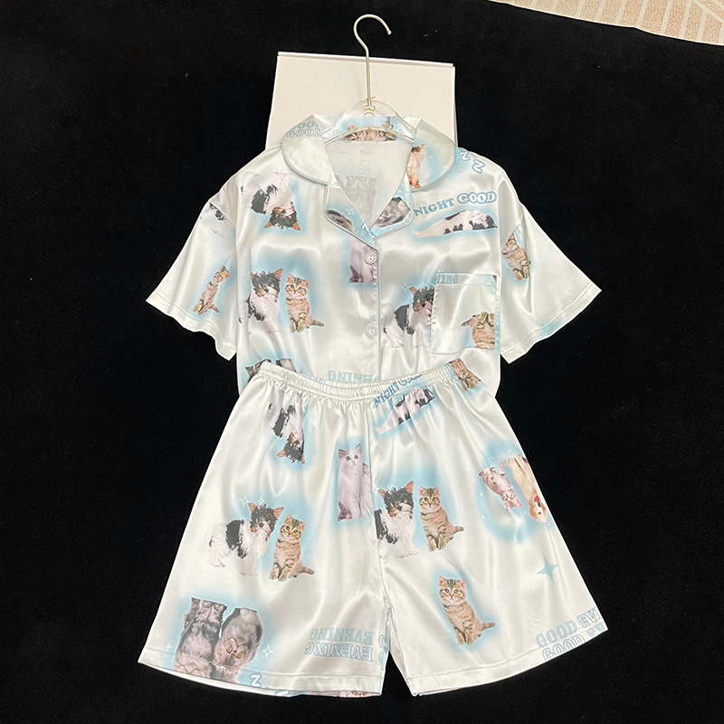 Summer Cat Pjs Set | Silk Short Sleeved 