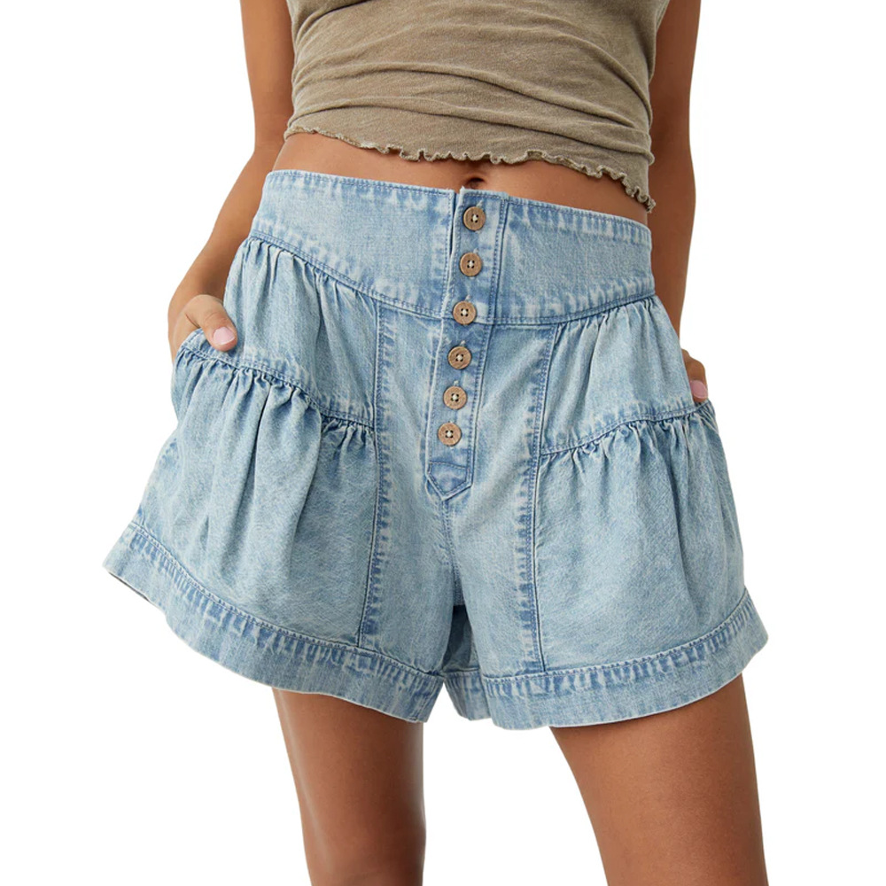 Title 2, Gerüschte Denim Shorts Damen Elastische Taschen...