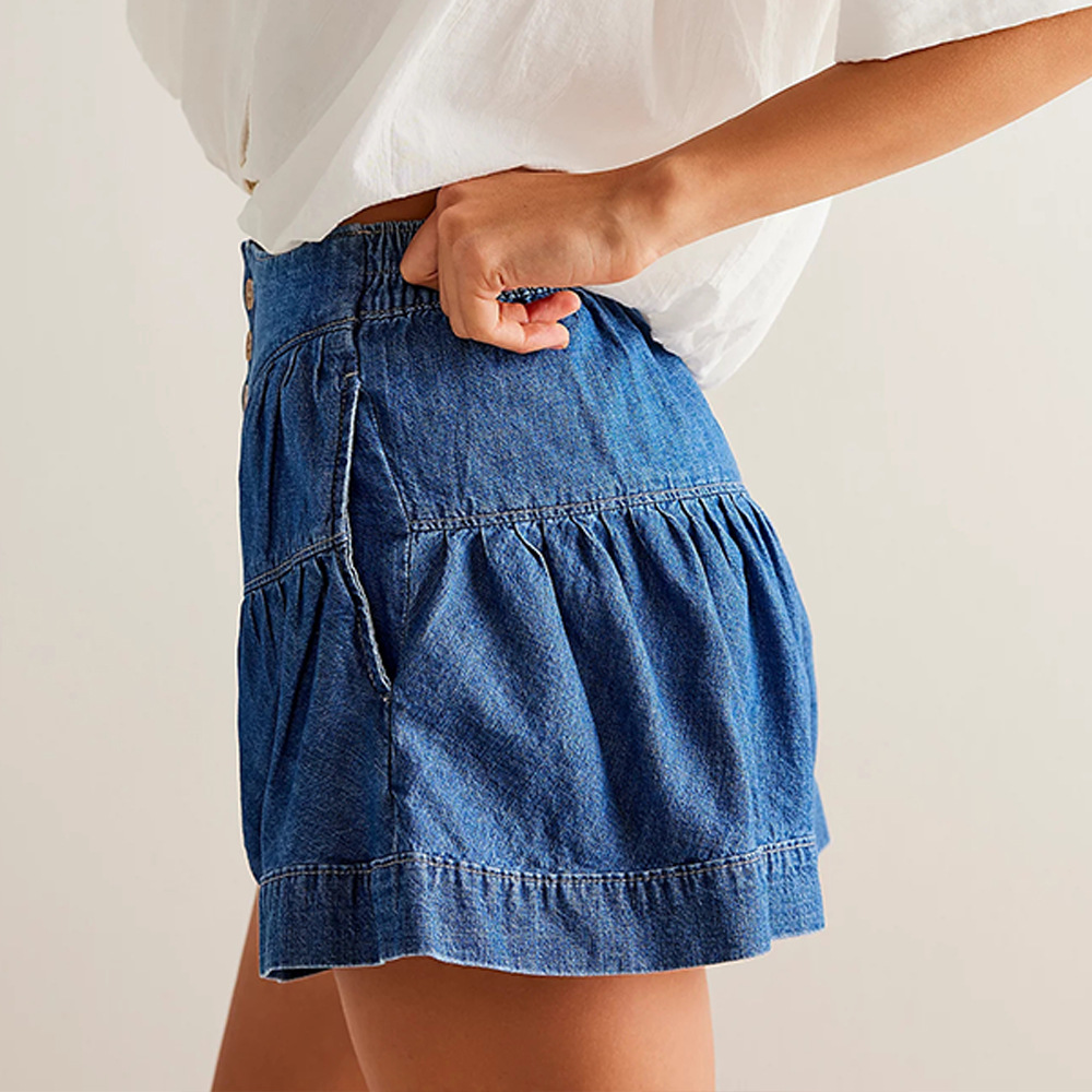 Title 8, Denim shorts met ruches voor dames Elastische z...