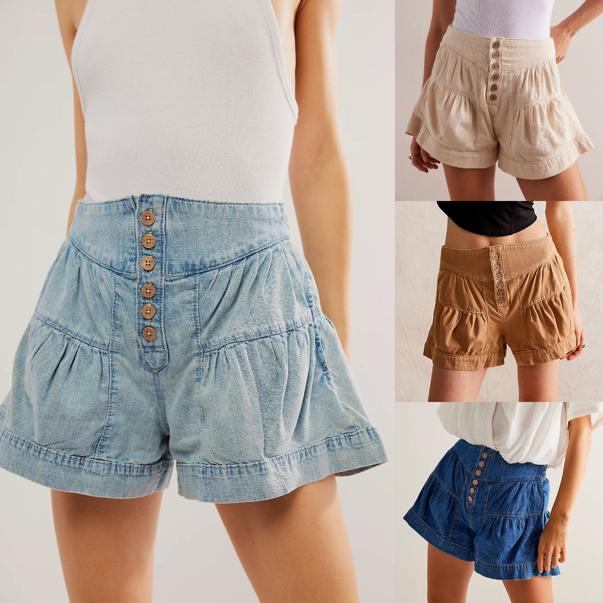 Title 16, Denim shorts met ruches voor dames Elastische z...