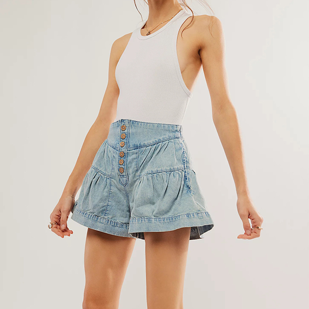 Title 18, Denim shorts met ruches voor dames Elastische z...