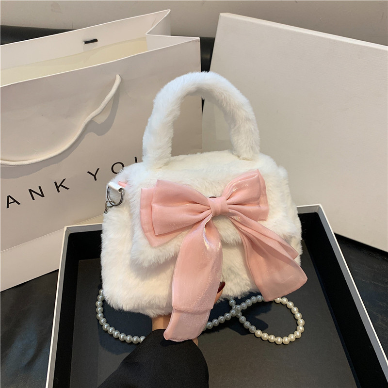 White Plush Handbag | Girly & Cute with Bow