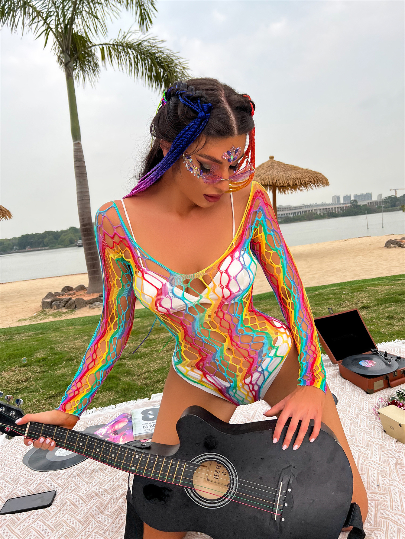 Title 2, Female Rainbow Striped Hollow One-piece Swimsuit