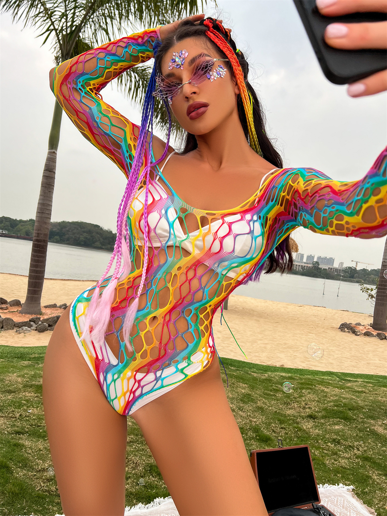 Title 3, Female Rainbow Striped Hollow One-piece Swimsuit