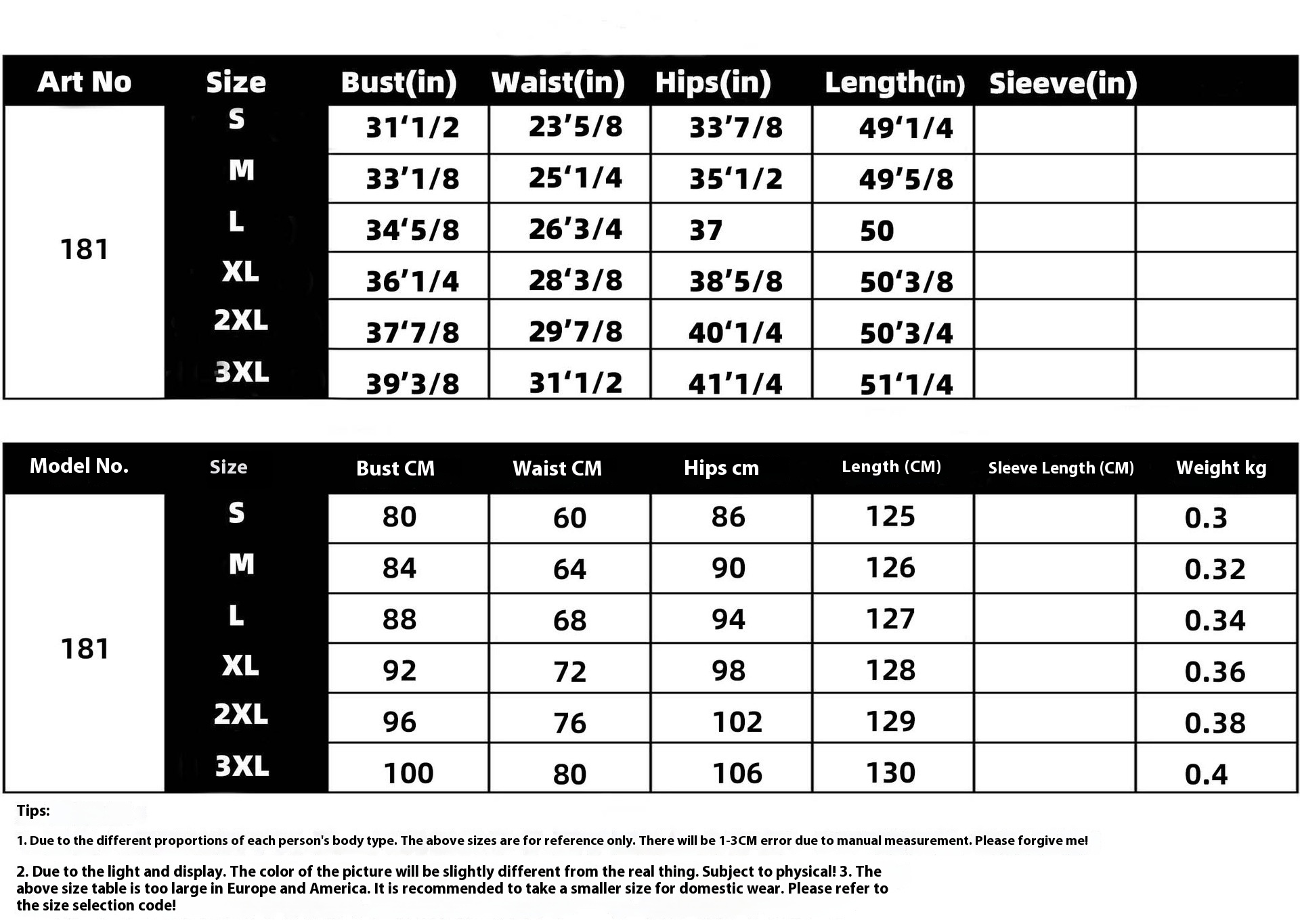 Size chart for split V-neck bodycon dress – XS S M L XL XXL XXXL measurements