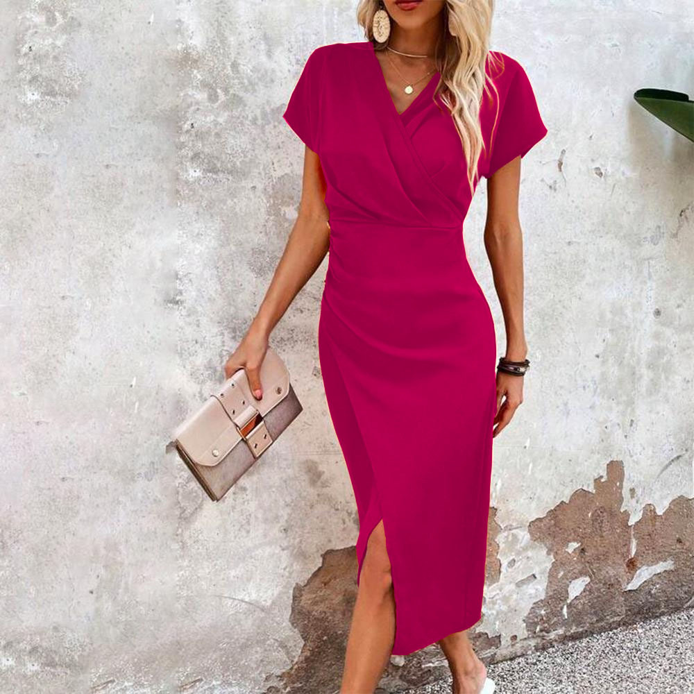 Dark green split V-neck bodycon dress – slim fit short sleeve slit dress women's elegant style